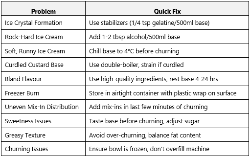 10 Common Homemade Ice Cream Problems And How To Fix Them image 1 table of common problems and quick fixes frosted fusions