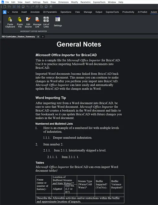 general-notes-bricsCAD The same document imported into BricsCAD with Microsoft Office Importer