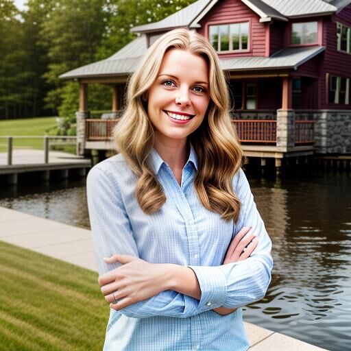 Smiling woman in a light blue blouse standing in front of a lakeside home with a dock and trees in the background.