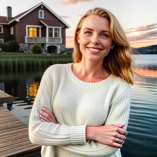 Smiling woman in a cream sweater standing on a lakeside dock with a home and sunset in the background.