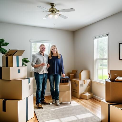 Smiling couple standing in a bright living room surrounded by moving boxes on hardwood floors.