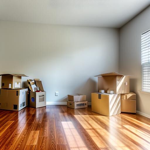 Sunlit empty room with hardwood floors and several cardboard moving boxes near the window.
