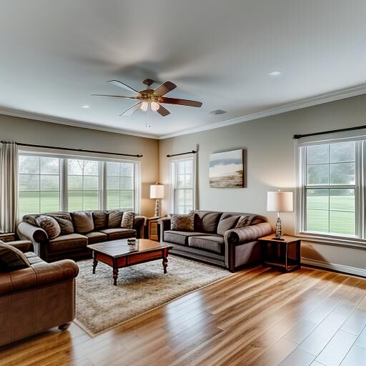 Bright living room with leather sofas, coffee table, and large windows overlooking a green yard.