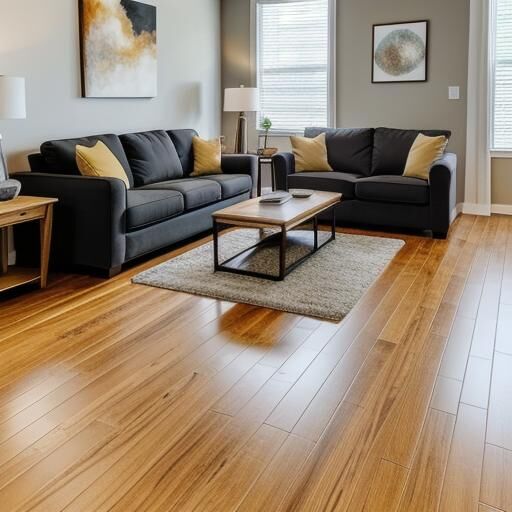 Modern condo living room with hardwood floors, matching dark sofas, decorative pillows, a wooden coffee table, and bright natural light from large windows.