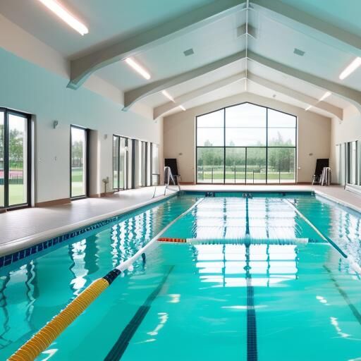 Indoor swimming pool in a Fargo ND condo community with lane markers, high ceilings, large windows, and seating along the deck.