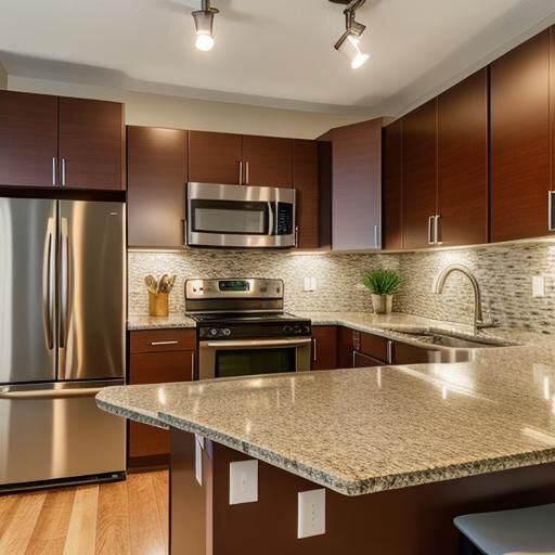 Modern townhome kitchen in Horace ND with stainless steel appliances, dark wood cabinets, granite countertops, and open layout with bar seating.