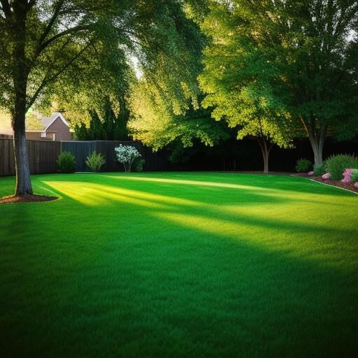 Spacious West Fargo condo backyard with lush green lawn, mature trees, landscaped garden beds, and privacy fencing.