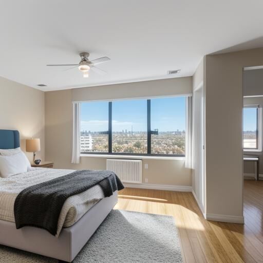 Bright bedroom in a West Fargo, North Dakota home with large windows and city views.