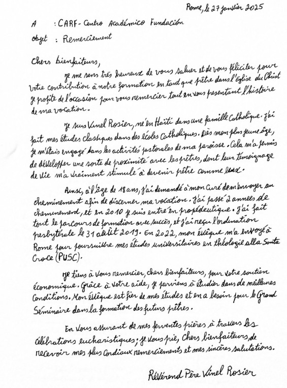 viniel rosier sacerdote haití carta agradecimiento