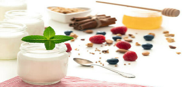 New Year New You Discover Guilt-Free Homemade Ice Cream to Indulge image 6 glass jars of greek yoghurt honey and dipper nuts and berries and spices frosted fusions