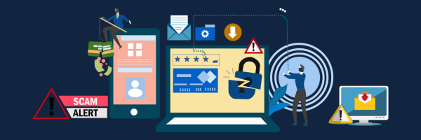 An illustration of digital and cybersecurity threats, including a "Scam Alert" sign, a smartphone with alerts, a laptop with a broken lock icon, phishing symbols, email and download icons, and a person interacting with digital interfaces.