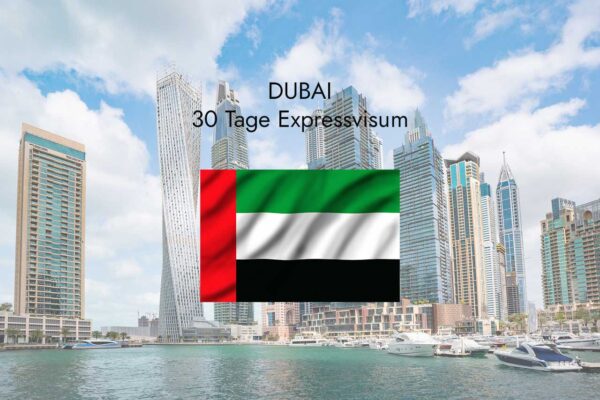 30 Tage Expressvisum Abbildung der Stadt Dubai plus UAE Flagge.
