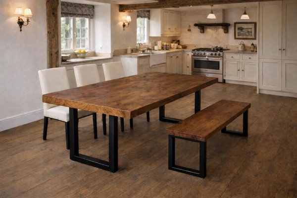 Handcrafted solid pine dining table and bench with visible end-grain edges