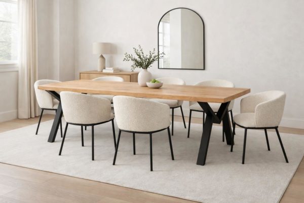 Modern solid pine dining table with black metal Mensa Table co M-Style legs, styled in a neutral dining room with six cream boucle chairs.