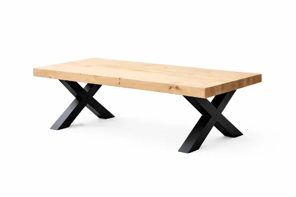 White spruce coffee table with thick three-plank top and black X-shaped metal legs on white background