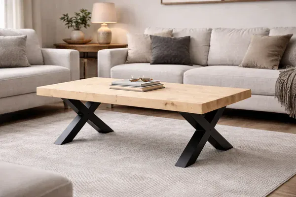 White spruce coffee table with thick three-plank top and black X-shaped legs in a relaxed modern living room