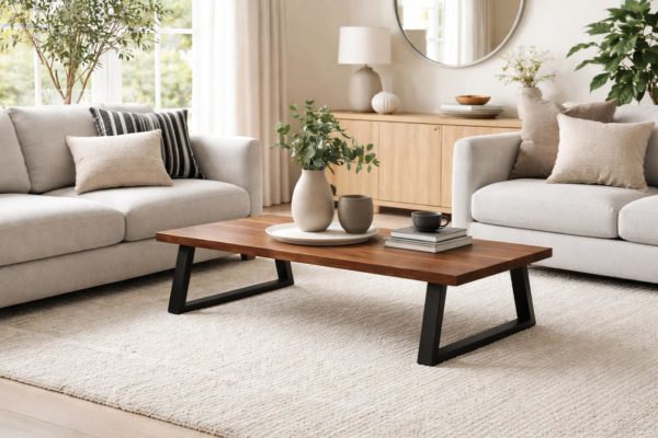 Solid walnut coffee table by the Mensa table company in a modern living room