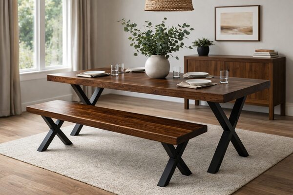 Walnut dining table with matching bench in a modern dining room