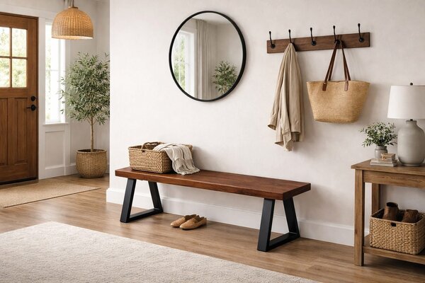 Solid wood entryway bench with black metal legs styled against a wall in a modern farmhouse entrance