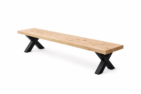 Solid Swedish pine bench with black X-shaped metal legs on white background
