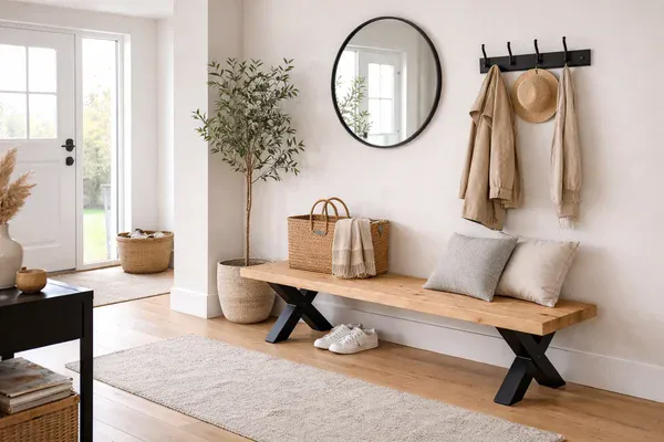 Solid Swedish pine bench with black metal X legs in modern cosy entrance hallway