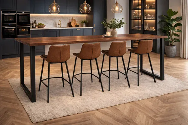 Luxury kitchen featuring a 200cm walnut breakfast bar with black U-shaped metal legs and four soho tan leather bar stools.