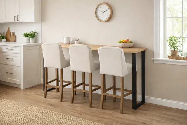 Solid ash breakfast bar with black metal legs and three upholstered bar stools placed against a wall in a modern family kitchen dining area