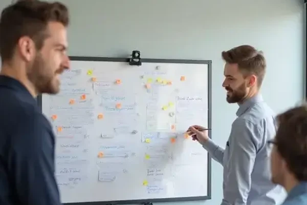 Collaborative brainstorming session in a modern workspace with colorful ideas on a whiteboard.