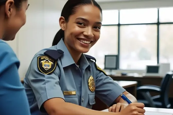 Friendly police officer cultivates community trust in a bright, engaging office environment.