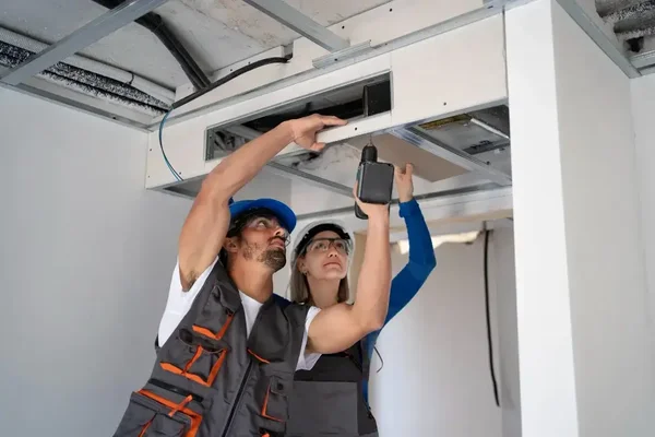 Collaborative ceiling installation at a construction site highlights teamwork and safety.