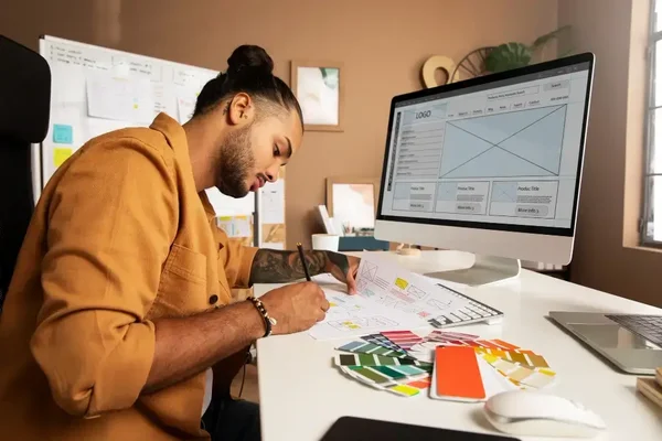 Young designer engaged in vibrant workspace with digital tools and colorful materials.