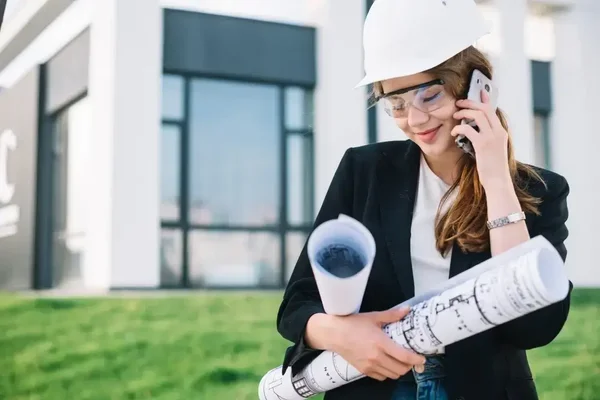 Confident woman in hard hat leads construction project, showcasing womens rising influence in architecture.