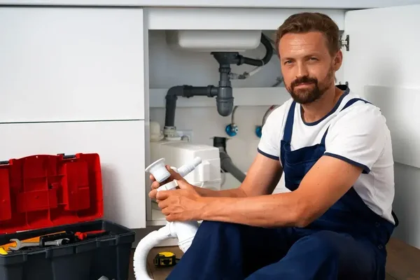 Handyman repairing kitchen plumbing under the sink, showcasing expertise and a tidy work area.