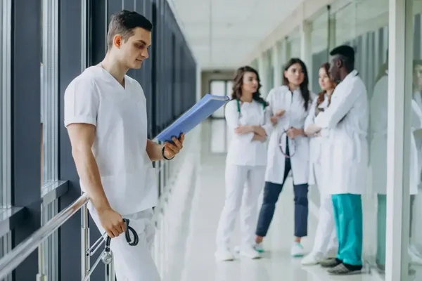 Male healthcare professional studies notes while female colleagues collaborate in a bright hospital corridor.