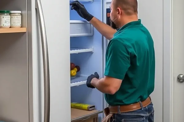 Man in green polo shirt servicing a stainless steel fridge in a modern kitchen.