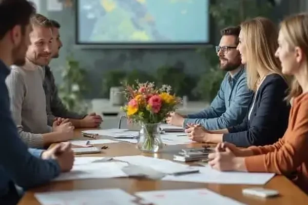 Engaged team brainstorming in a modern conference room with vibrant presentation and lively discussions.