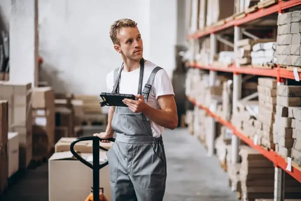 Young man managing inventory with technology in a well-organized modern warehouse.