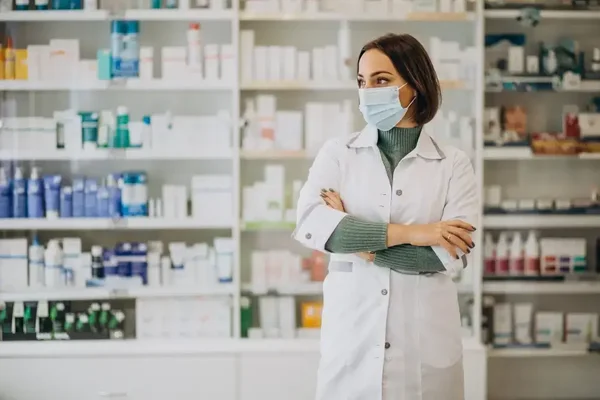 Dedicated pharmacist in lab coat, surrounded by colorful health products, prioritizing safety and care.