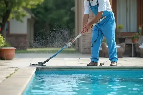Man in overalls vacuuming a clear pool in a lush, sunny backyard setting.