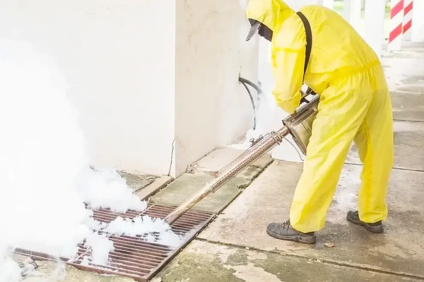 Worker in yellow suit methodically cleans foam in a well-lit industrial environment.