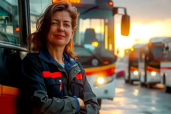 Empowered woman in front of buses, showcasing pride and dedication to public transportation.