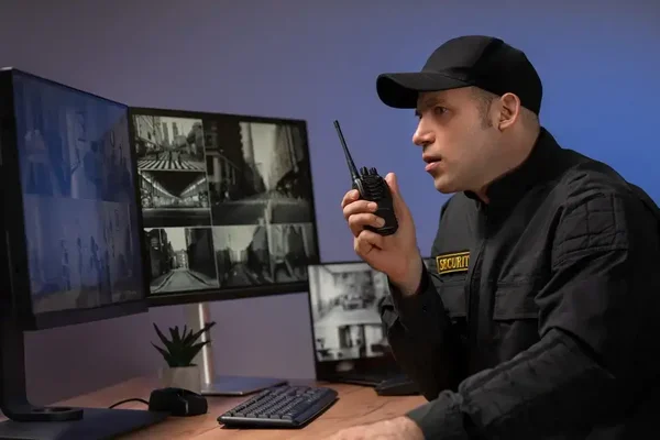 Vigilant security officer overseeing surveillance feeds for efficient incident response and public safety.