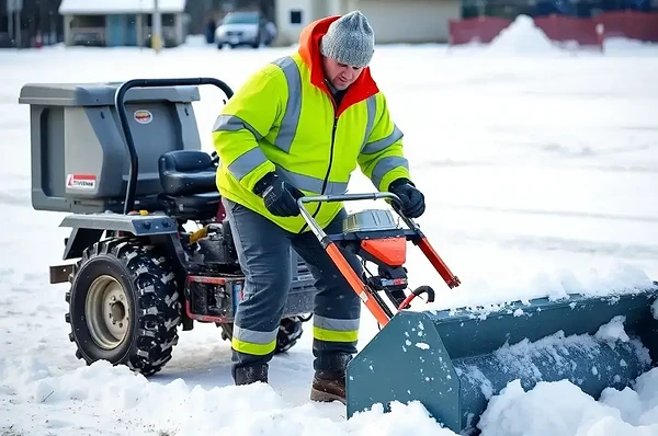 Worker using a compact tractor to clear fresh snow in a tranquil winter landscape.