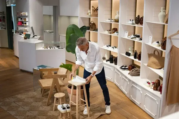 Contemporary boutique featuring stylish footwear, accessories, a attentive staff, and inviting design elements.