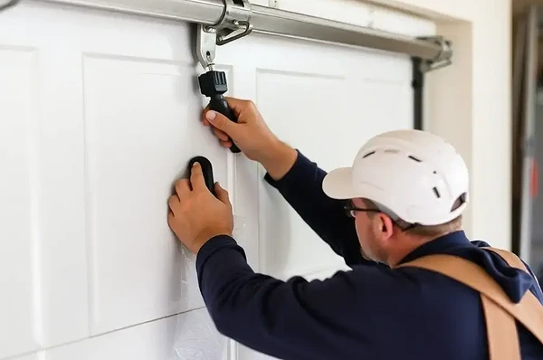 Technician expertly repairing garage door mechanism, prioritizing safety and precision in maintenance.