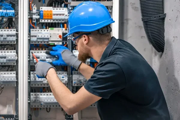 Technician in safety gear expertly adjusting an electrical panel for optimal performance.