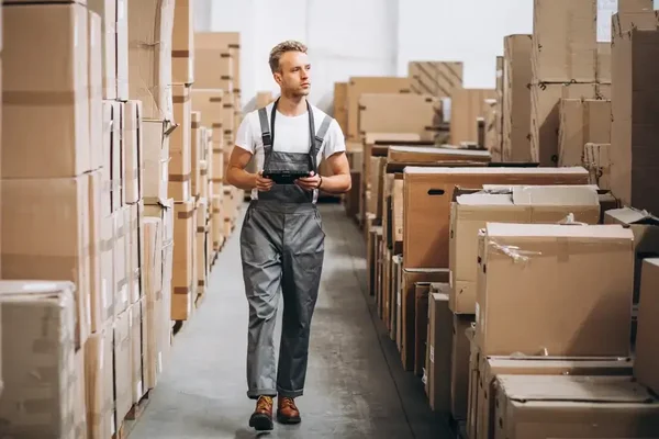 Focused young worker navigates a bright, organized warehouse while managing inventory effectively.