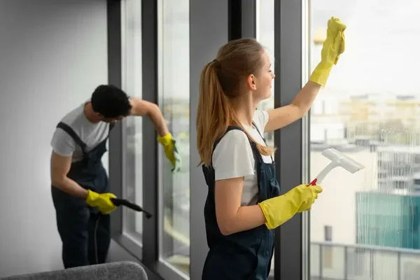 Team diligently cleans floor-to-ceiling windows, enhancing a bright, modern office with natural light.
