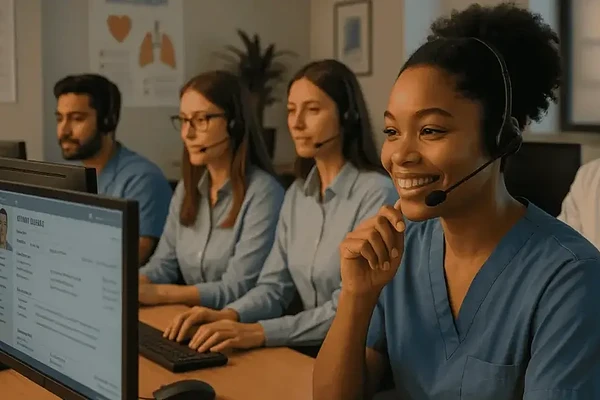 Smiling medical professionals at call center desks.