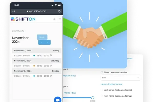 Shift scheduling app interface with handshake icon.